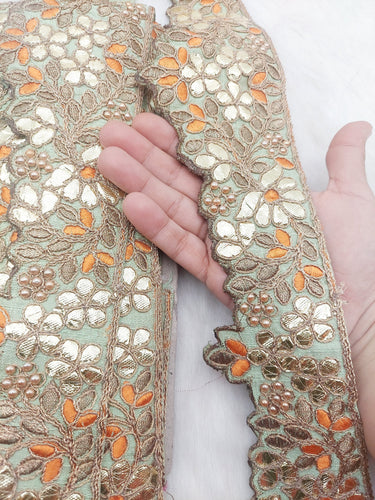 Art Silk Fabric Trim, Floral Embroidery Gold Gota Patti Indian Sari Border Trim By Yard Decorative Trim, Embroidered Indian Foil Work